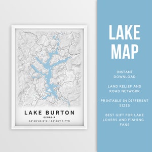 Mapa imprimible del lago Burton, Georgia - Descarga instantánea \ Mapa del lago \ Arte de la pared \ Cartel del mapa \ Decoración de la casa del lago \ LakeLife \ Pesca \ Navegación