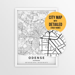 Mapa Odense w Danii z nazwami ulic, plakat z miastem Odense do druku (do pobrania na bieżąco)