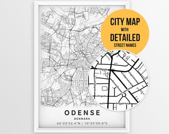 Odense Denmark Map with Street Names, Printable Odense City Poster (Instant Download)
