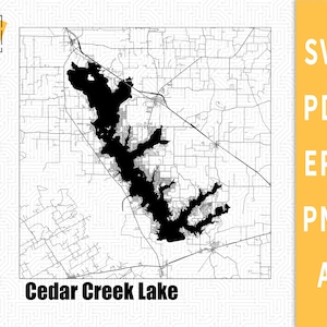 Skiktkarta över Cedar Creek Lake, Texas karta Vektorfil - SVG \ PDF \ PNG \ Utskärning \ Sjösilhuett \ Kommersiell licens