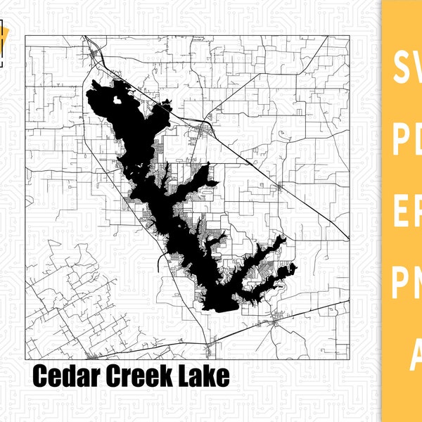 Layered map of Cedar Creek Lake, Texas map Vector File - SVG \ PDF \ PNG \ Cutting \ Lake silhouette \ Commercial License