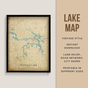 Mapa de estilo vintage imprimible del lago Truman, Missouri, EE. UU., con nombres de ciudades - Descarga instantánea \ Mapa del lago \ Mapa rústico \ Embalse de Truman