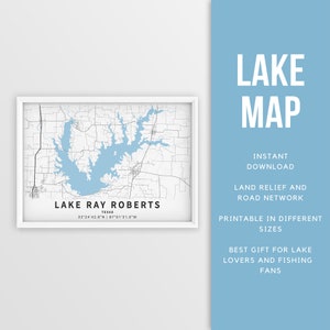 Mapa imprimible del lago Ray Roberts, Texas, EE. UU. - Descarga instantánea \ Mapa del lago \ Cartel del mapa \ Decoración de la casa del lago \ LakeLife \ Pesca \ Paseos en bote