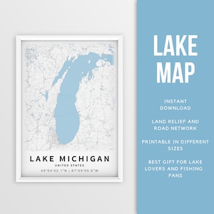 Mappa stampabile del Lago Michigan, Stati Uniti - Download istantaneo \ Mappa del lago \ Wall Art \ Mappa Poster \ Lake House Decor \ LakeLife \ Pesca \ Canottaggio