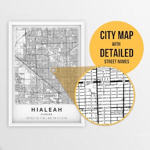 Afdrukbare kaart van Hialeah, Florida, VS met straatnamen - Instant Download \ Stadsplattegrond \ Reiscadeau \ Stadsposter \ Routekaart afdrukken