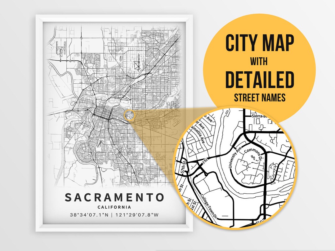 Printable Map of Sacramento California United States With Etsy
