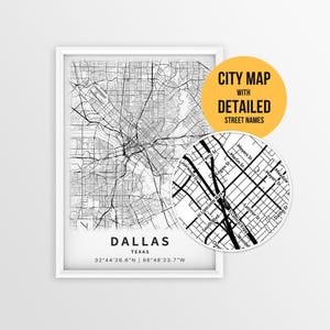Mapa de Dallas, Texas, con nombres de calles, póster imprimible de la ciudad de Dallas (descarga instantánea)