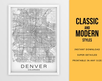 Printable map of Denver CO map print, Colorado USA city map - Instant Download \ Street Map \ Wall Art \ Map Poster