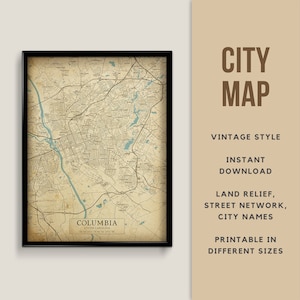 Afdrukbare vintage stijl kaart van Columbia, South Carolina, VS - Instant Download \ Stratenplan \ Kaartposter \ Antieke stijl \ Kaartafdruk