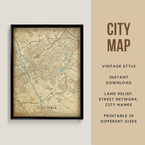 Printable Vintage Style Map of Columbia, South Carolina, USA - Instant Download \ Street Map \ Map Poster \ Antique Style \ Map Print