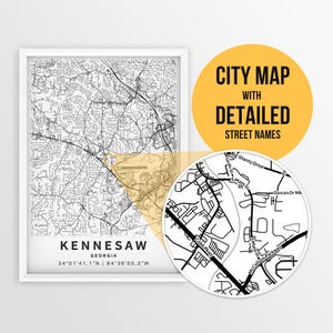 Mapa imprimível de Kennesaw, Geórgia, EUA com nomes de ruas - Download instantâneo \ Mapa da cidade \ Presente de viagem \ Cartaz da cidade \ Mapa rodoviário \ Condado de Cobb
