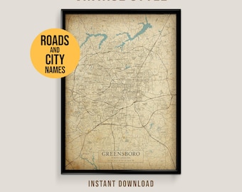 Greensboro, North Carolina Vintage stijlkaart, afdrukbare Greensboro City-poster (direct downloaden)