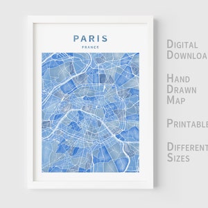 Druckbare Aquarell Karte von Paris, Frankreich - Sofort Download \ Stadtplan \ Wandkunst \ Handgezeichnetes Poster