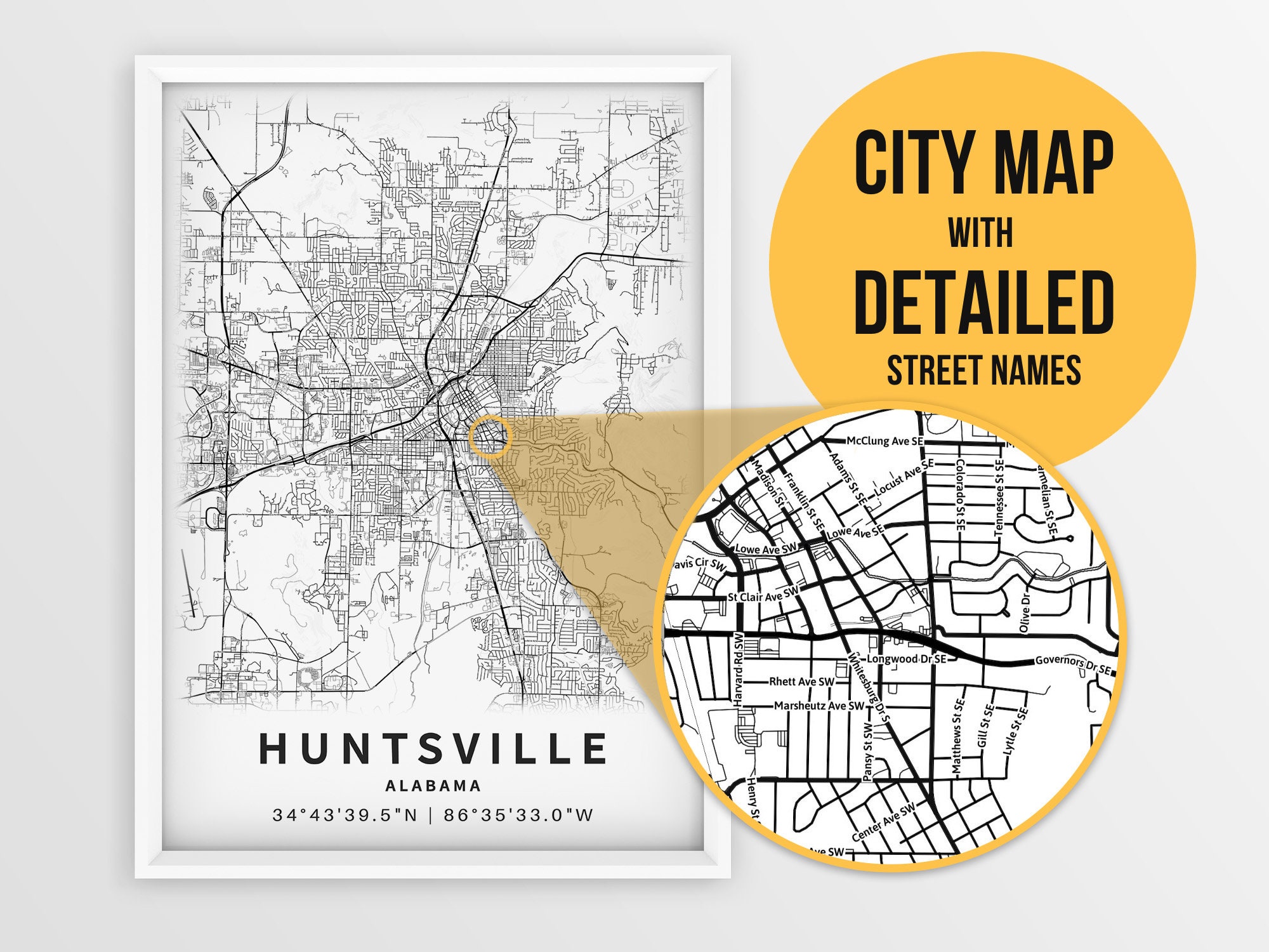 Printable Map Of Huntsville Alabama AL United States With Etsy