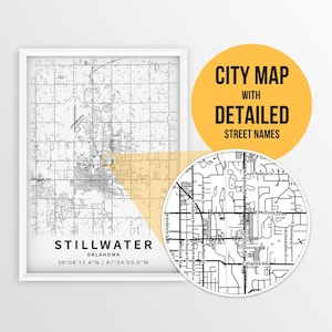 Landkarte von Stillwater, Oklahoma, USA mit Straßennamen - Sofortiger Download \ Stadt Karte Payne County Stadt Poster -> Straßen Karte Print