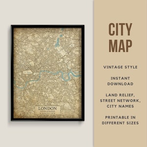 Vintage Karte von London, England, Grossbritannien - sofortiger Download ~ Strassen Karte ~ Wand Kunst ~ Poster ~ Vintage Stil ~ Karte Print