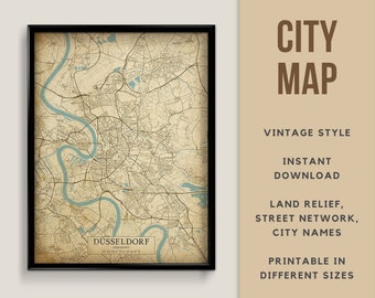 Printable Vintage Style Map of Dusseldorf, Germany - Instant Download \ Street Map \ Map Poster \ Antique Style \ Map Print \ Germany gift