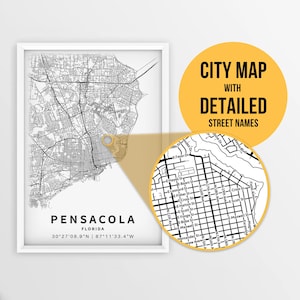 Afdrukbare kaart van Pensacola, Florida, VS met straatnamen - Instant Download \ Stadsplattegrond \ Reiscadeau \ Stadsposter \ Routekaart afdrukken