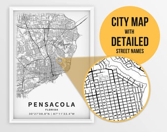 Printable Map of Pensacola, Florida, USA with Street Names - Instant Download \ City Map \ Travel Gift \ City Poster \ Road Map Print