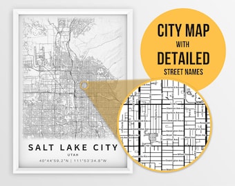 Mapa imprimible de Salt Lake City, Utah, EE. UU. con nombres de calles - Descarga instantánea \ Mapa de la ciudad \ Regalo de viaje \ Cartel de la ciudad \ Impresión de hoja de ruta