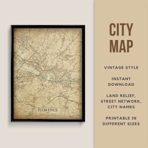 Mapa de estilo vintage para impressão de Florença, Itália - download instantâneo \ Mapa de ruas \ Cartaz de mapa \ Estilo antigo \ Impressão de mapa \ Presente da Itália