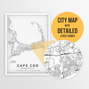 Karte von Cape Cod, Massachusetts, USA mit Strassennamen - zum sofortigen Download ~ Karte ~ Stadt ~ Stadt Poster ~ Strassenkarte