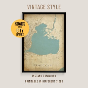 Mapa vintage del lago St. Clair, póster imprimible de la casa del lago Michigan (descarga instantánea)