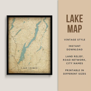 Vintage Stil Karte von Lake George, New York, USA mit Städtenamen - zum sofortigen Download ~ Landkarte des Sees ~ Wandkunst ~ Haus am See ~ Karte Poster