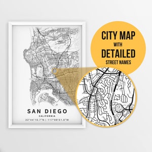 Druckbare Karte von San Diego, Kalifornien, USA mit Straßennamen - Sofortiger Download ~ Karte ~ ~ Stadt Karte ~ Strassen Karte Print
