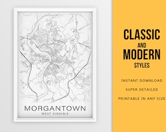 Printable Map of Morgantown, West Virginia WV, United States  - Instant Download \ City Map \ Wall Art