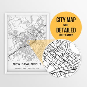 Mapa para impressão de New Braunfels, Texas, EUA com nomes de ruas - download instantâneo \ Mapa da cidade \ Presente de viagem \ Cartaz da cidade \ Impressão de mapa de estradas
