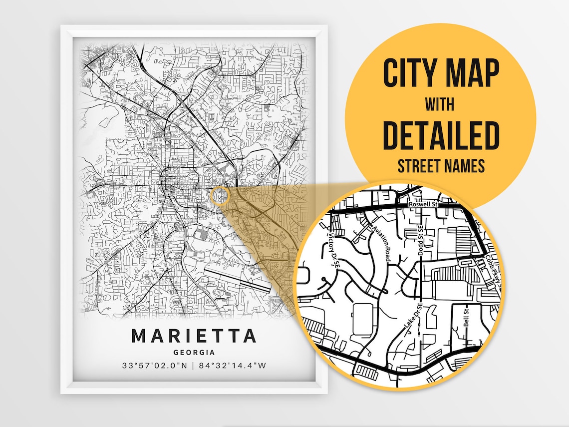 Printable Map of Marietta GA Cobb County USA With Etsy