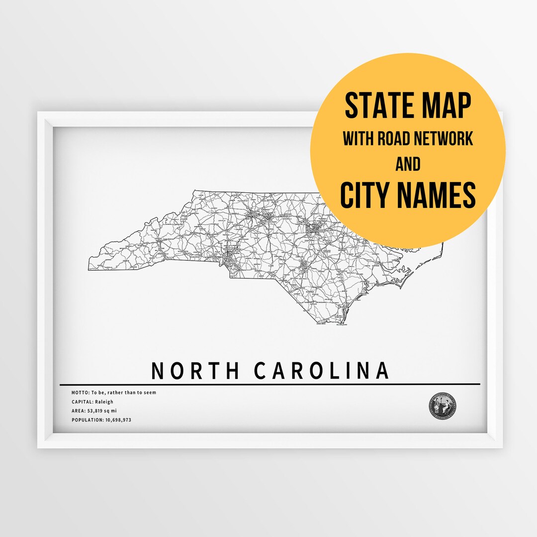 Printable Map of North Carolina, United States With City Names and