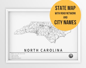 Printable Map of North Carolina, United States with city names and roads - Instant Download \ State Map \ Map Art \ Push Pin Map \ Wall Art