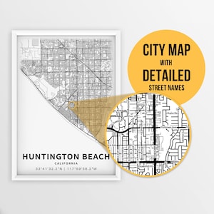 Afdrukbare kaart van Huntington Beach, Californië, VS met straatnamen - Instant Download \ Stadsplattegrond \ Reiscadeau \ Stadsposter \ Routekaart