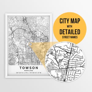 Printable Map of Towson, Maryland, USA with Street Names - Instant Download \ City Map \ Baltimore County \ City Poster \ Road Map Print