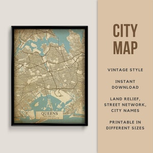 Druckbare Karte im Vintage-Stil von Queens, New York City, USA - Sofortiger Download \ Straßenkarte \ Wandkunst \ Kartenposter \ Antik \ Kartendruck