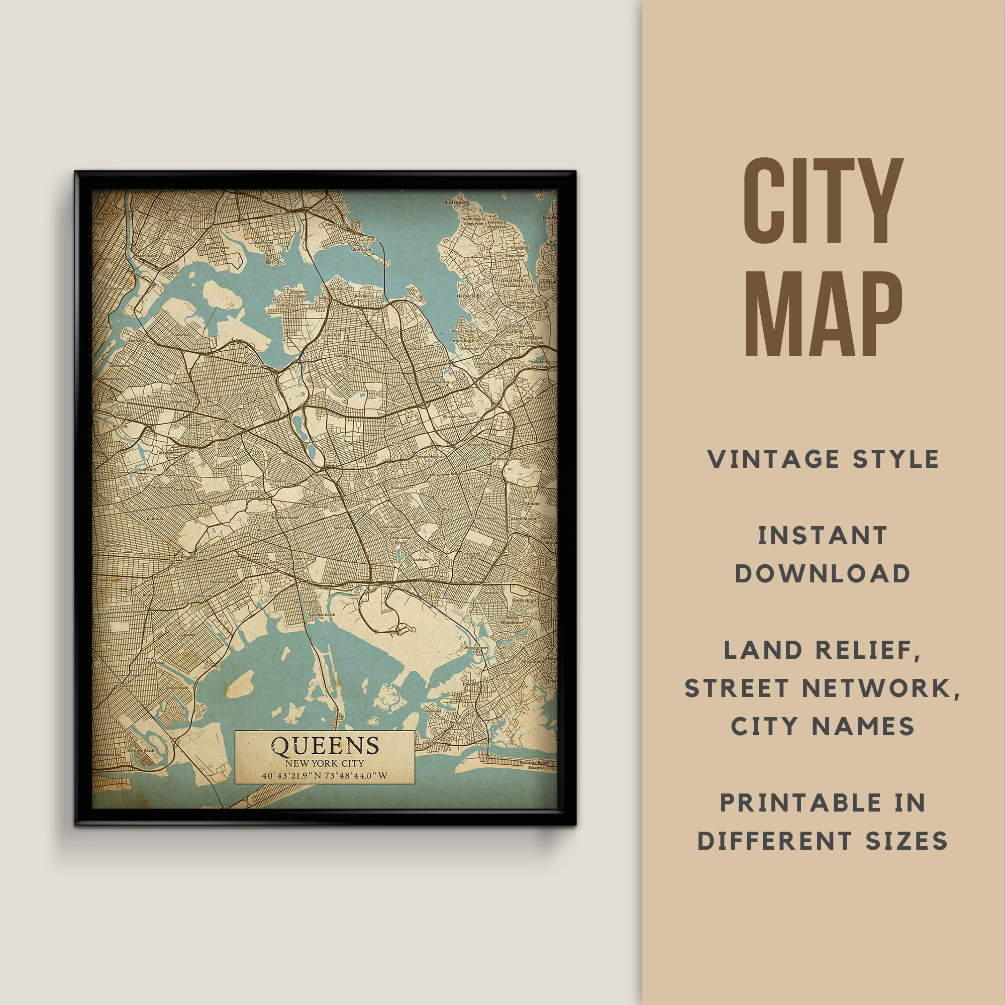 Printable Vintage Style Map of Queens, New York City, USA - Instant Download \ Street Map \ Wall Art \ Map Poster \ Antique \ Map Print