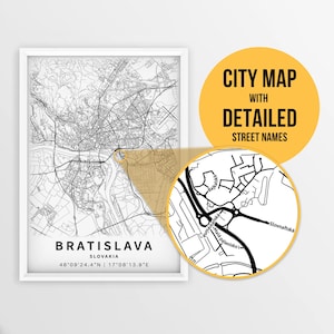 Afdrukbare kaart van Bratislava, Slowakije met straatnamen - Instant Download \ Stadsplattegrond \ Reiscadeau \ Stadsposter \ Routekaart afdrukken