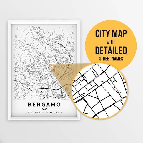 Printable Map of Bergamo, Italy with Street Names - Instant Download \ City Map \ Travel Gift \ City Poster \ Road Map Print \ Wall Art