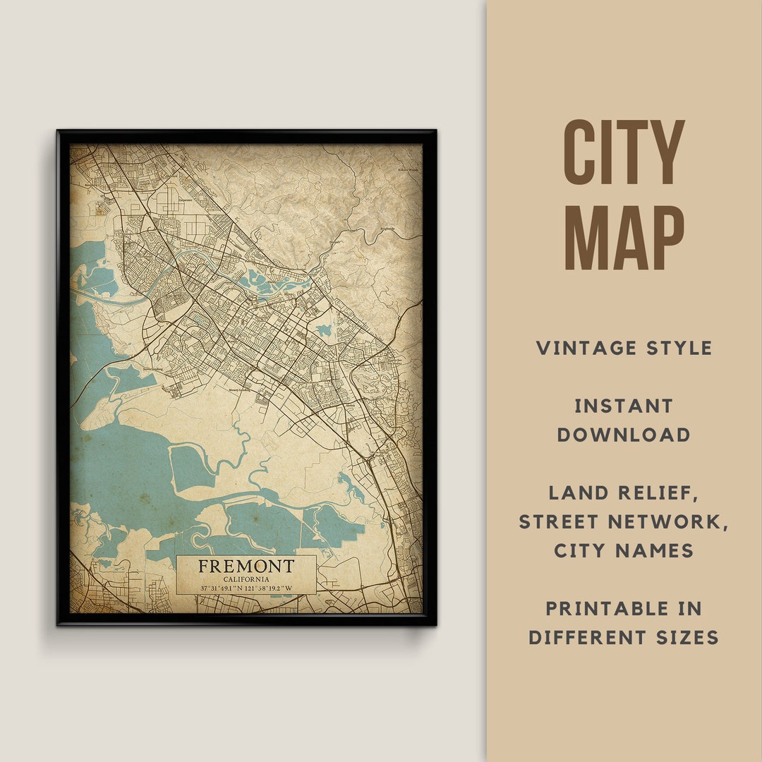 Printable Vintage Style Map of Fremont, California, USA - Instant ...