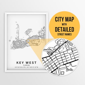 Afdrukbare kaart van Key West, Florida, VS met straatnamen - Instant Download \ Stadsplan \ Reiscadeau \ Stadsposter \ Wegenkaart afdrukken