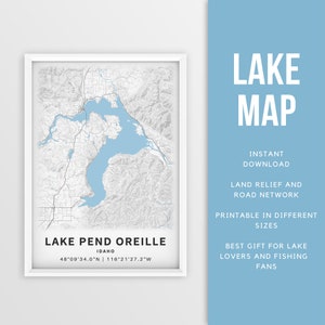 Mapa imprimible del lago Pend Oreille Idaho, EE. UU. - Descarga instantánea \ Mapa del lago \ Cartel del mapa \ Decoración de la casa del lago \ LakeLife \ Pesca \ Paseos en bote