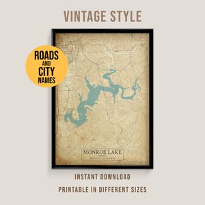 Lake Monroe Vintage Style Map, Printable Indiana Lake House Poster (Instant Download)