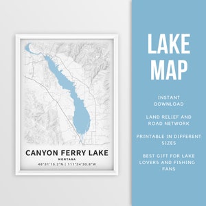 Mapa imprimible de Canyon Ferry Lake, Montana, EE. UU. - Descarga instantánea \ Mapa del lago \ Cartel del mapa \ Decoración de la casa del lago \ LakeLife \ Pesca \ Paseos en bote