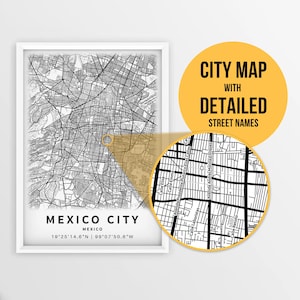 Druckbare Karte von Mexiko-Stadt, Ciudad de México mit Straßennamen - Sofort Download \ City Map \ Travel Gift \ City Poster \ Road Map Print