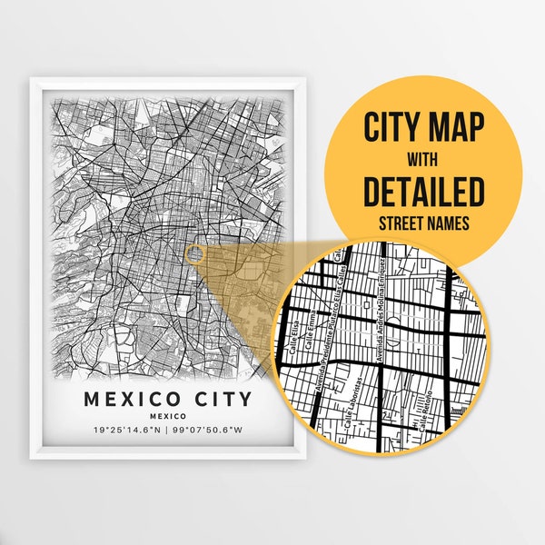 Printable Map of Mexico City, Ciudad de México with Street Names - Instant Download \ City Map \ Travel Gift \ City Poster \ Road Map Print