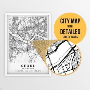 Afdrukbare kaart van Seoul, Zuid-Korea met straatnamen - Instant Download \ Stadsplattegrond \ Reiscadeau \ Stadsposter \ Routekaart afdrukken \ Muurkunst