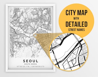 Printable Map of Seoul, South Korea with Street Names - Instant Download \ City Map \ Travel Gift \ City Poster \ Road Map Print \ Wall Art