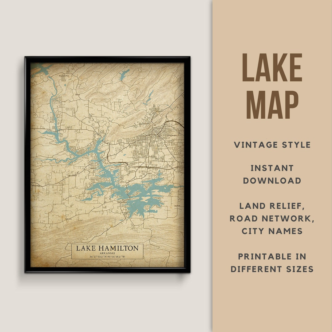 Printable Vintage Style Map of Lake Hamilton, Arkansas, USA With City